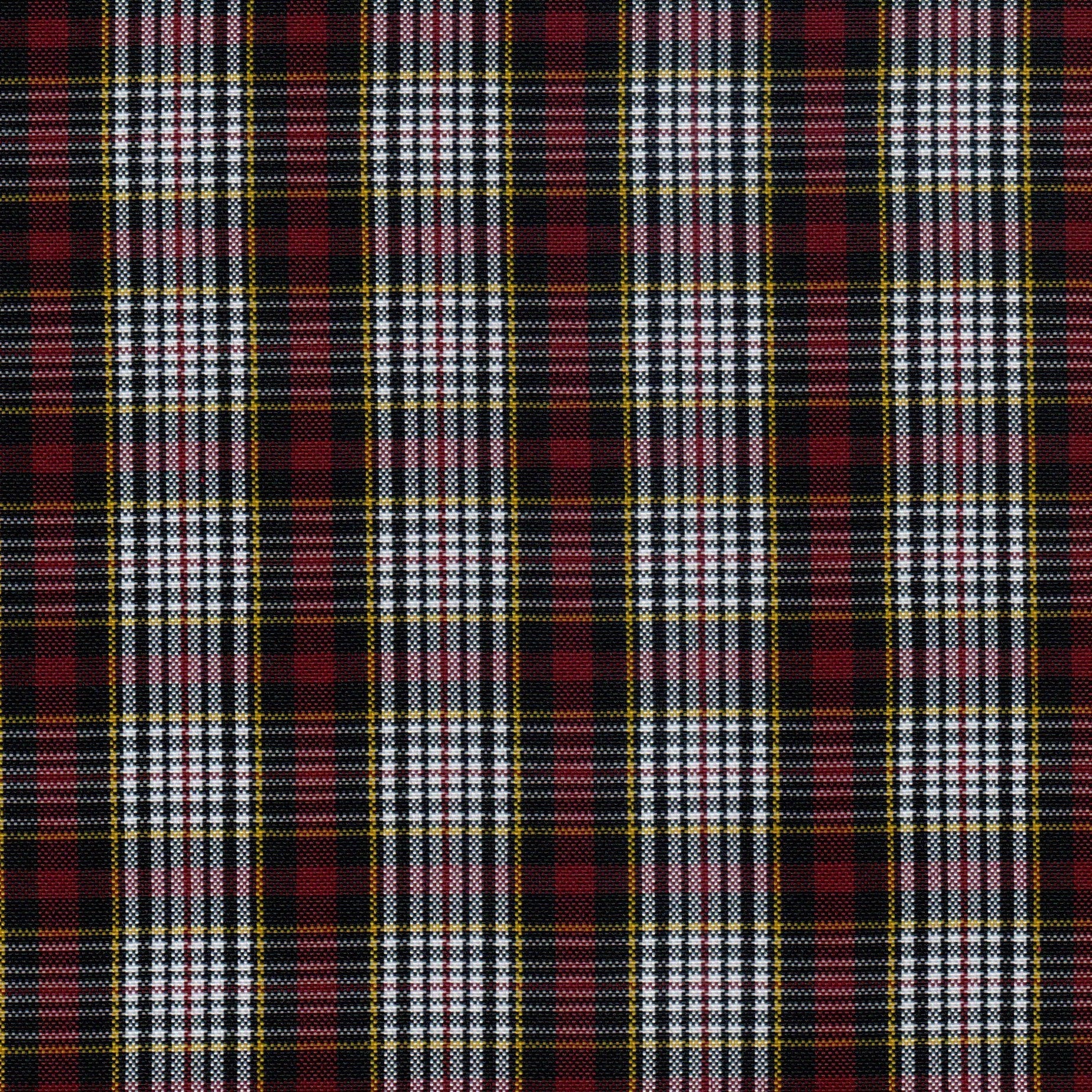 Tela escocesa de poliéster SchoolLine, tartán rojo, negro y blanco con raya amarilla; ideal para uniformes escolares.