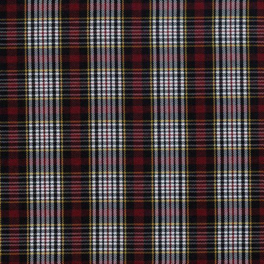 Tela escocesa de poliéster SchoolLine, tartán rojo, negro y blanco con raya amarilla; ideal para uniformes escolares.