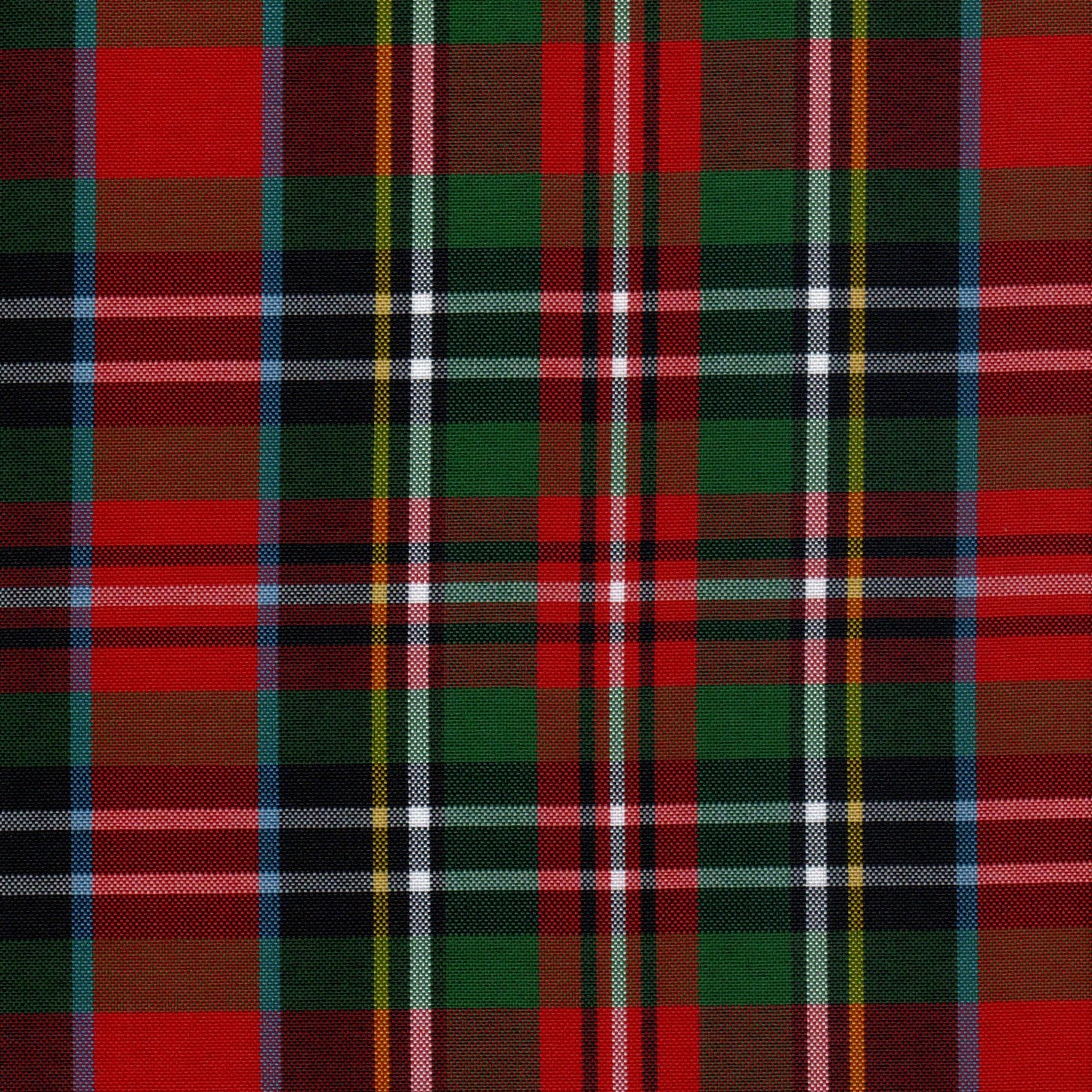 Tela escocesa de poliéster SchoolLine, tartán rojo y verde con rayas negras/blancas, ideal para uniformes escolares e institucionales.