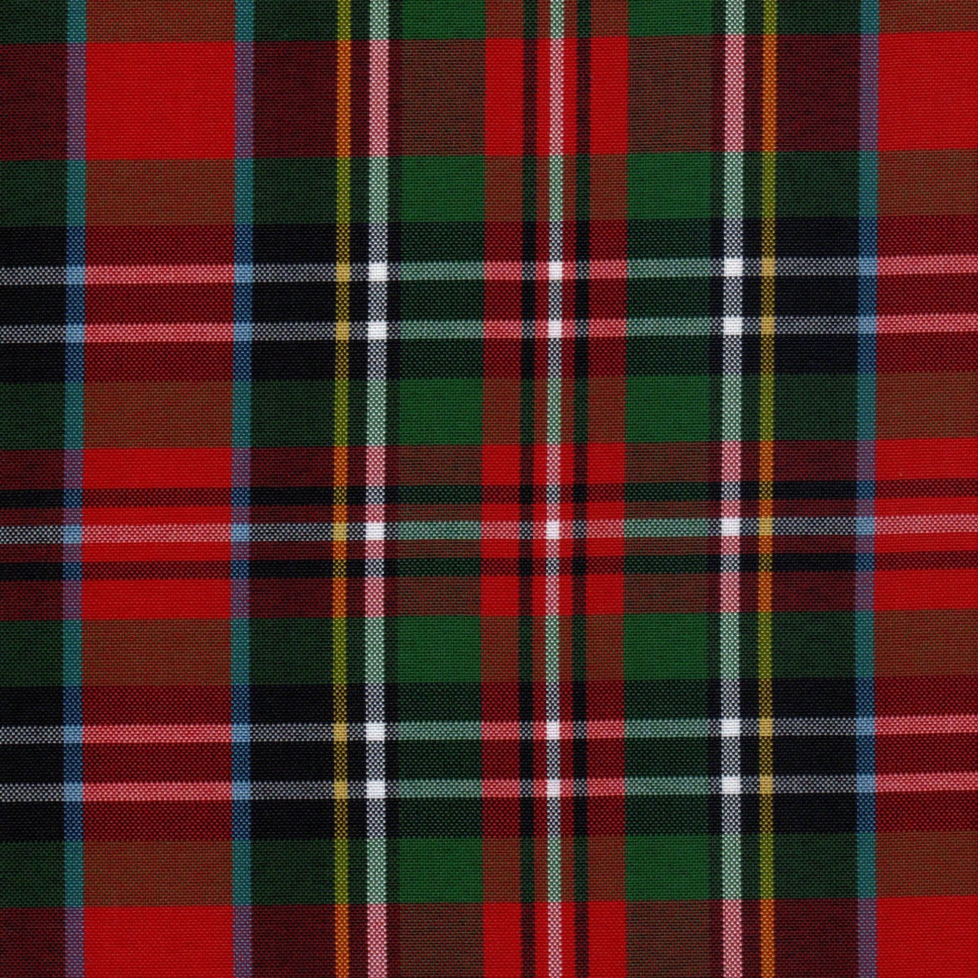 Tela escocesa de poliéster SchoolLine, tartán rojo y verde con rayas negras/blancas, ideal para uniformes escolares e institucionales.