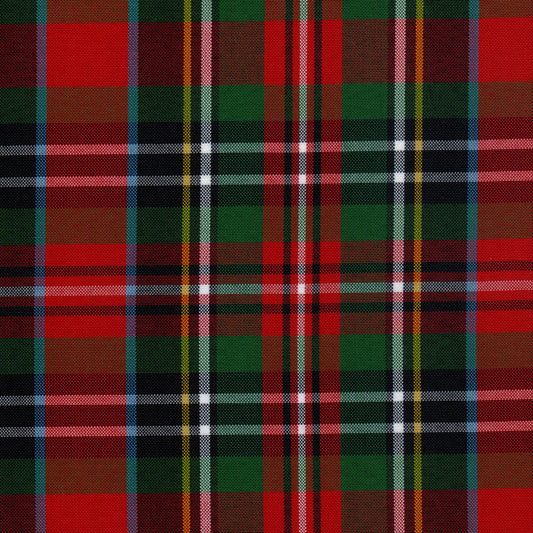 Tela escocesa de poliéster SchoolLine, tartán rojo y verde con rayas negras/blancas, ideal para uniformes escolares e institucionales.