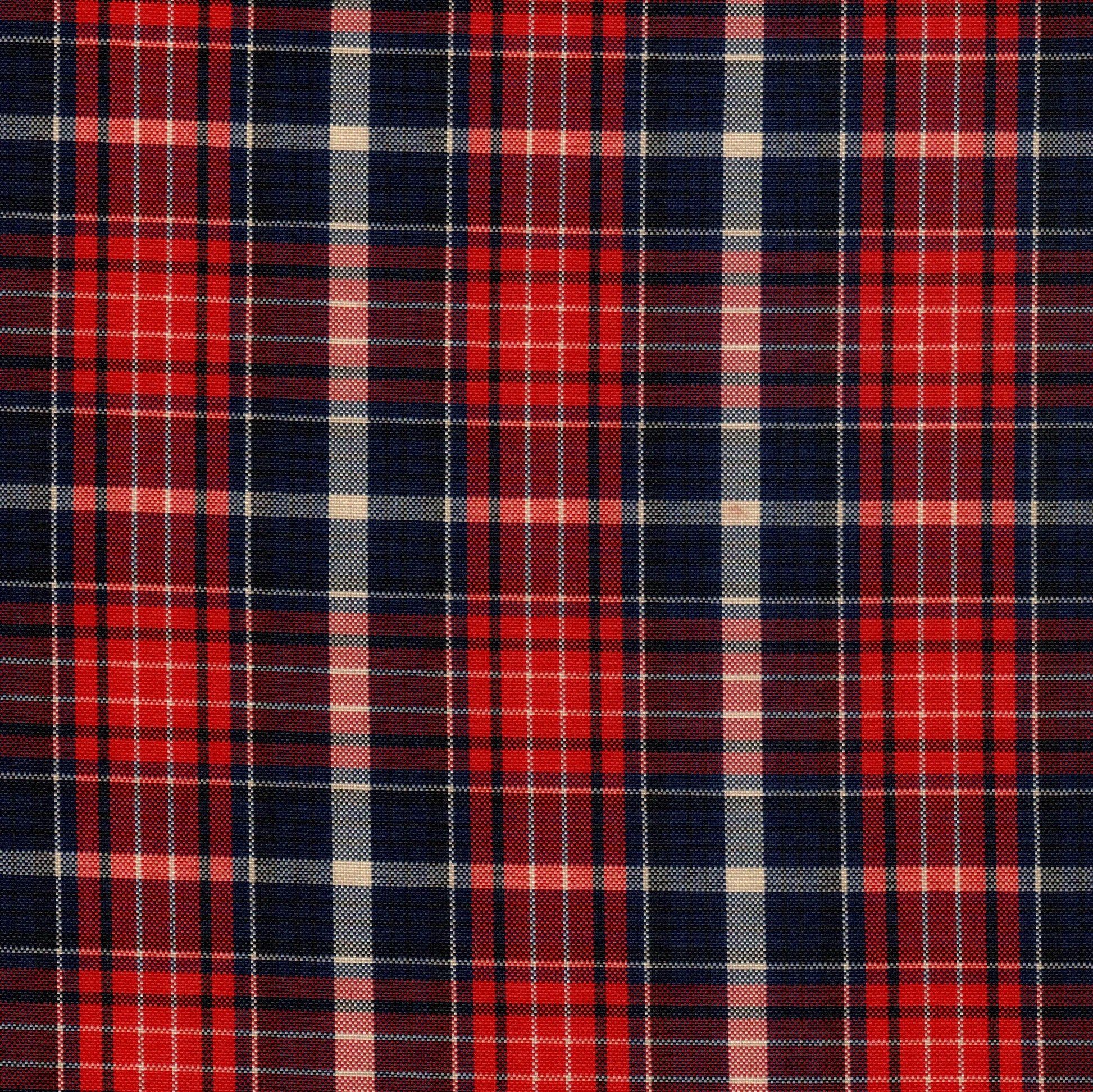 Tela escocesa de poliéster a cuadros rojo, azul marino y blanco; ideal para uniformes escolares, SchoolLine.