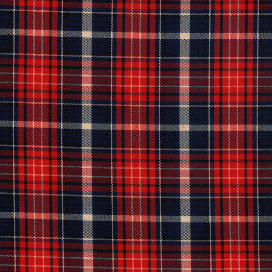 Tela escocesa de poliéster a cuadros rojo, azul marino y blanco; ideal para uniformes escolares, SchoolLine.
