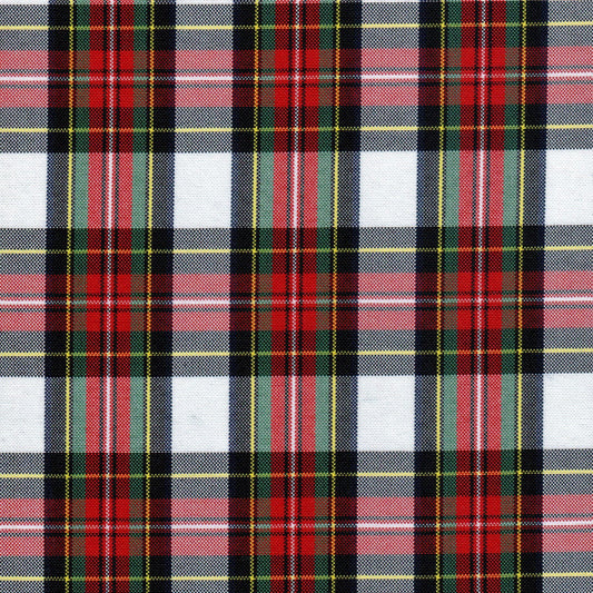 Tela escocesa de poliéster SchoolLine, cuadro rojo, verde y negro con amarillo; ideal para uniformes escolares e institucionales.