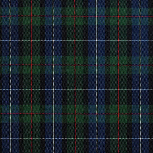 Tela escocesa de poliéster SchoolLine, patrón tartán azul y verde con líneas rojas, ideal para uniformes escolares.