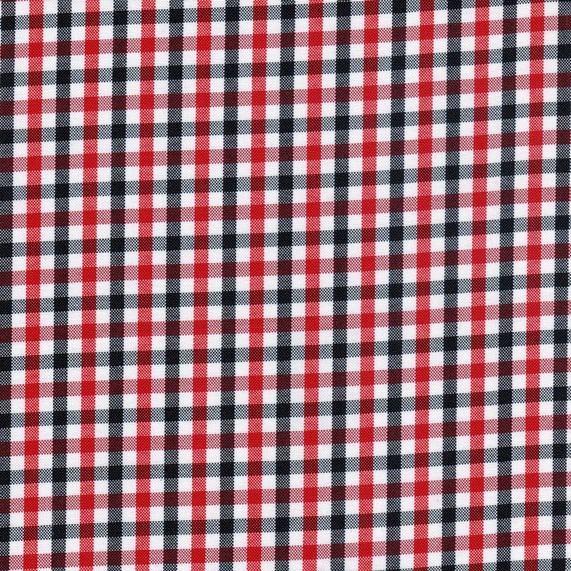 Tela escocesa de poliéster SchoolLine en tartán rojo, negro y blanco; ideal para uniformes escolares e institucionales.