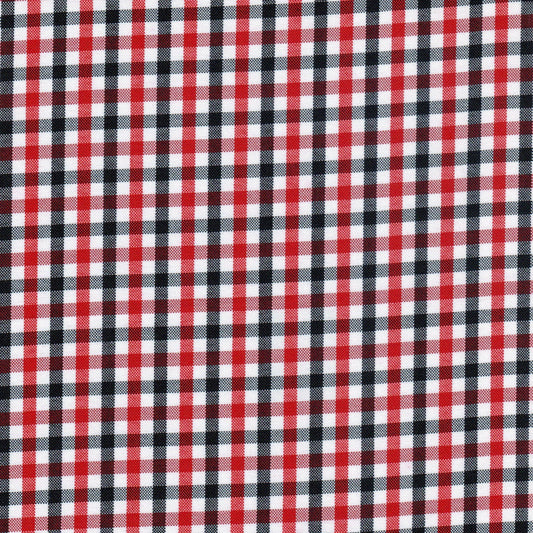 Tela escocesa de poliéster SchoolLine en tartán rojo, negro y blanco; ideal para uniformes escolares e institucionales.