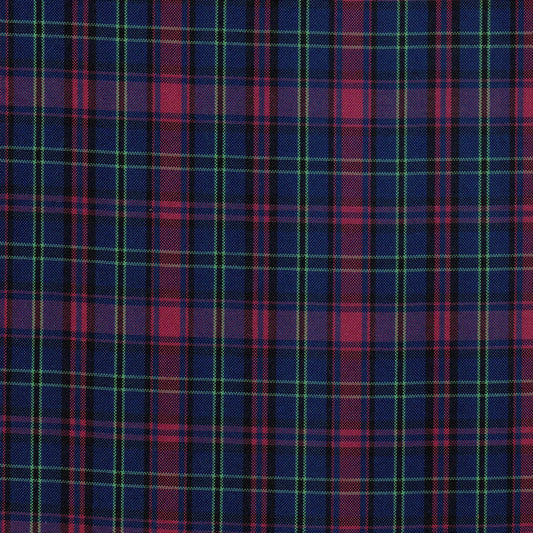 Tela escocesa de poliéster SchoolLine, patrón tartán azul, rojo y verde; ideal para uniformes escolares e institucionales.