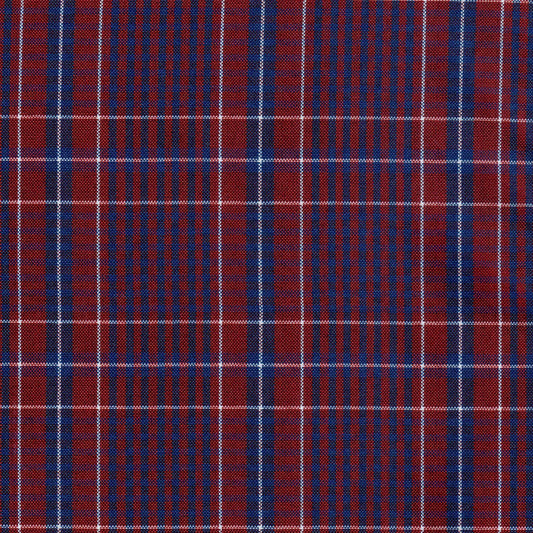 Tela escocesa de poliéster SchoolLine, tartán rojo y azul con líneas blancas; ideal para uniformes escolares.
