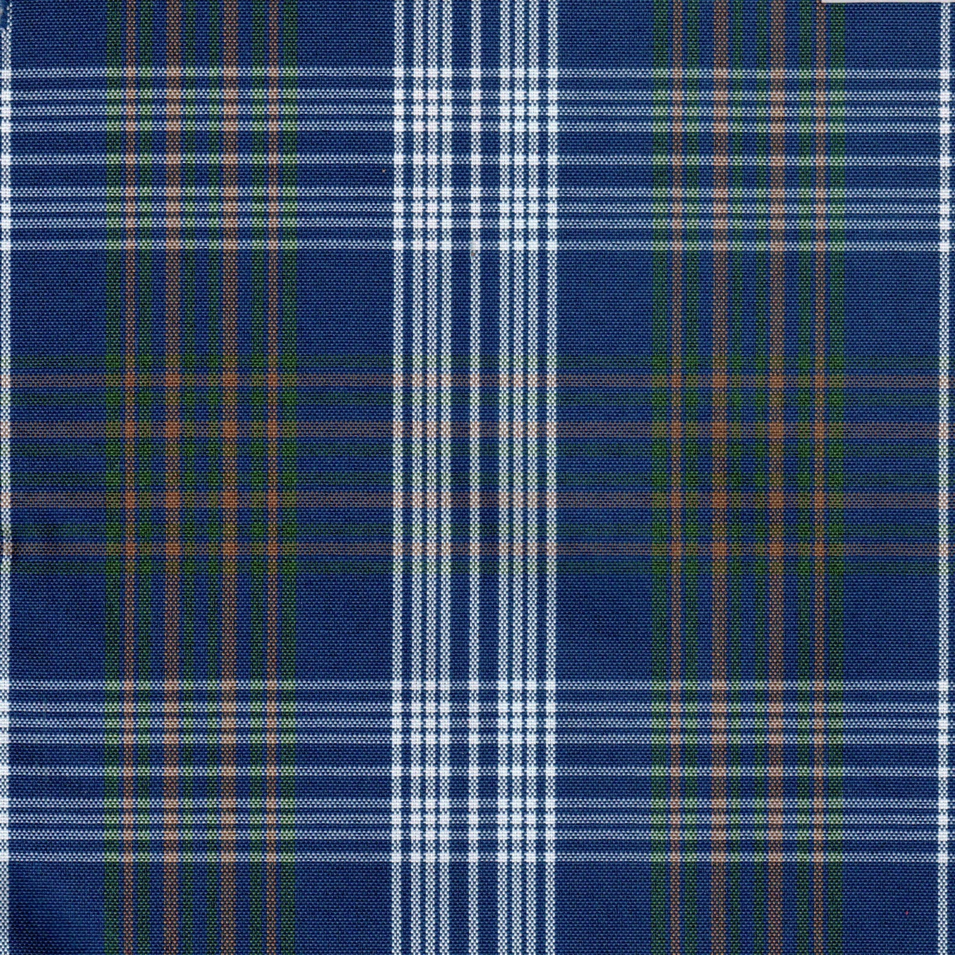 Tela escocesa de poliéster SchoolLine, azul con cuadros blancos y verdes, ideal para uniformes escolares e institucionales.