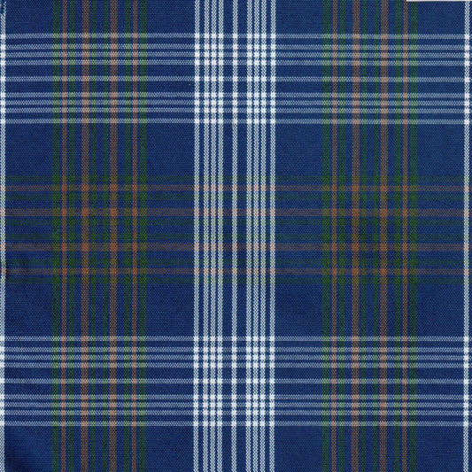 Tela escocesa de poliéster SchoolLine, azul con cuadros blancos y verdes, ideal para uniformes escolares e institucionales.