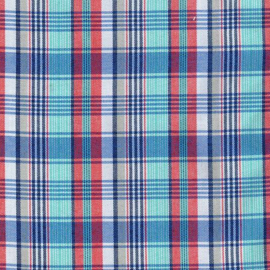 Tela escocesa de poliéster SchoolLine en tartán azul, rojo y verde, ideal para uniformes escolares e institucionales.