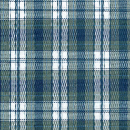 Tela escocesa de poliéster SchoolLine, diseño a cuadros azul, verde y blanco; ideal para uniformes escolares e institucionales.
