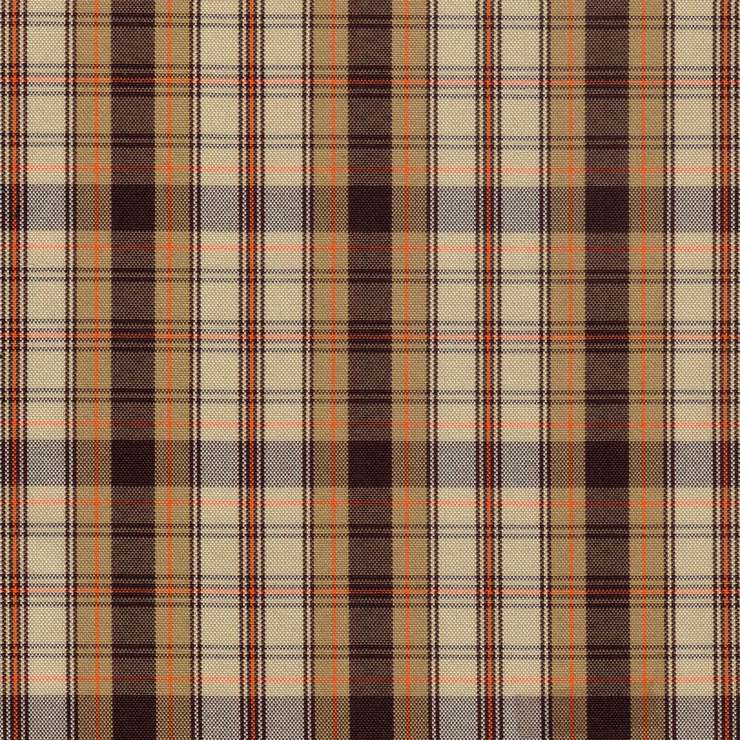 Tela escocesa de poliéster SchoolLine en tartán beige, marrón y naranja; ideal para uniformes escolares e institucionales.