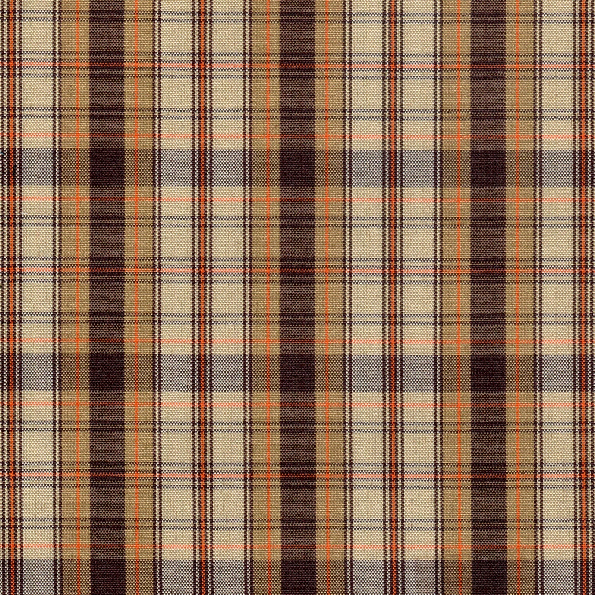 Tela escocesa de poliéster SchoolLine en tartán beige, marrón y naranja; ideal para uniformes escolares e institucionales.