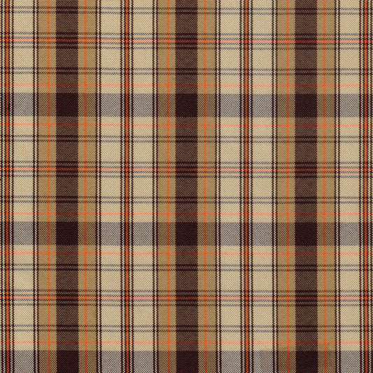 Tela escocesa de poliéster SchoolLine en tartán beige, marrón y naranja; ideal para uniformes escolares e institucionales.