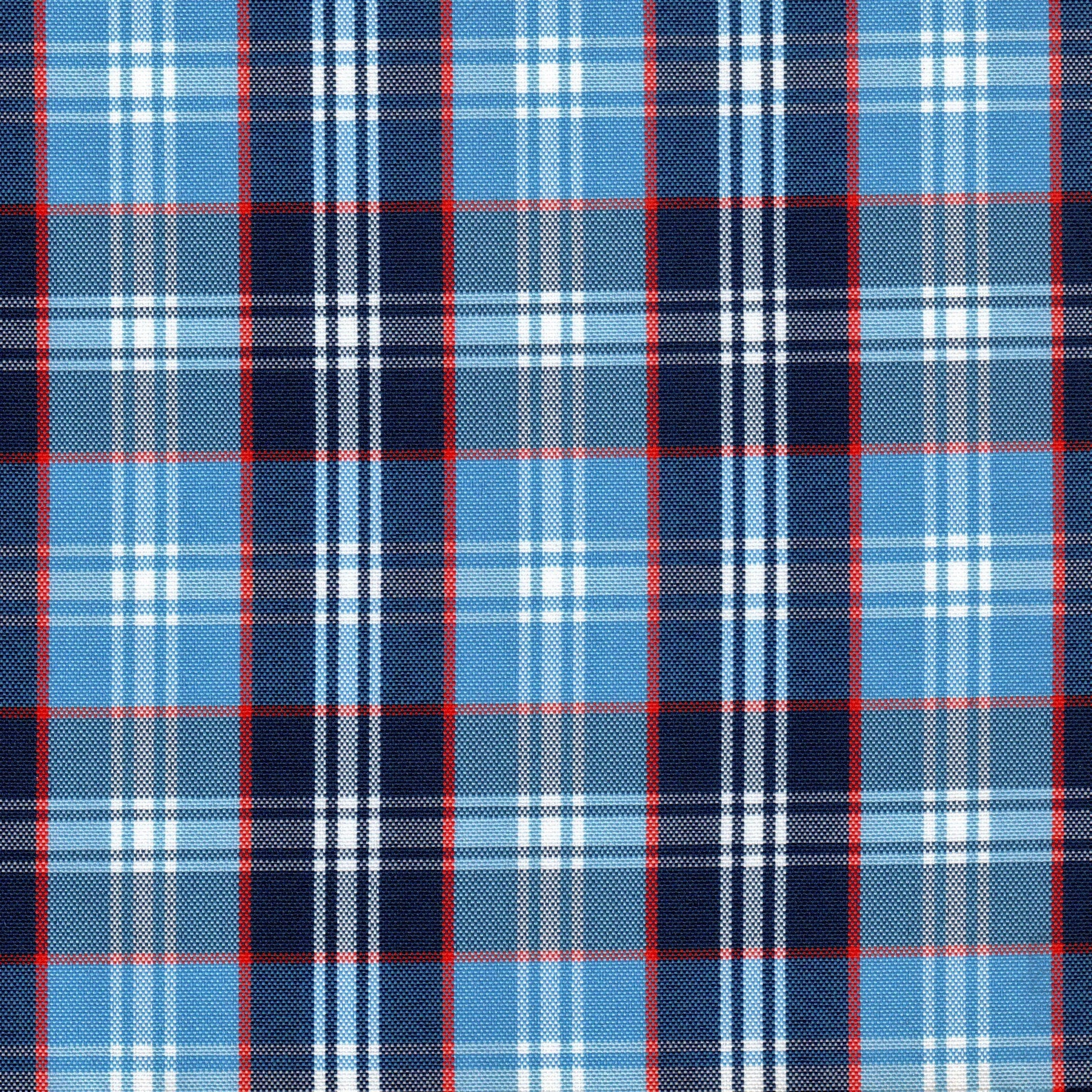Tela escocesa de poliéster SchoolLine, azul claro/azul marino con cuadros y líneas rojas, ideal para uniformes escolares.