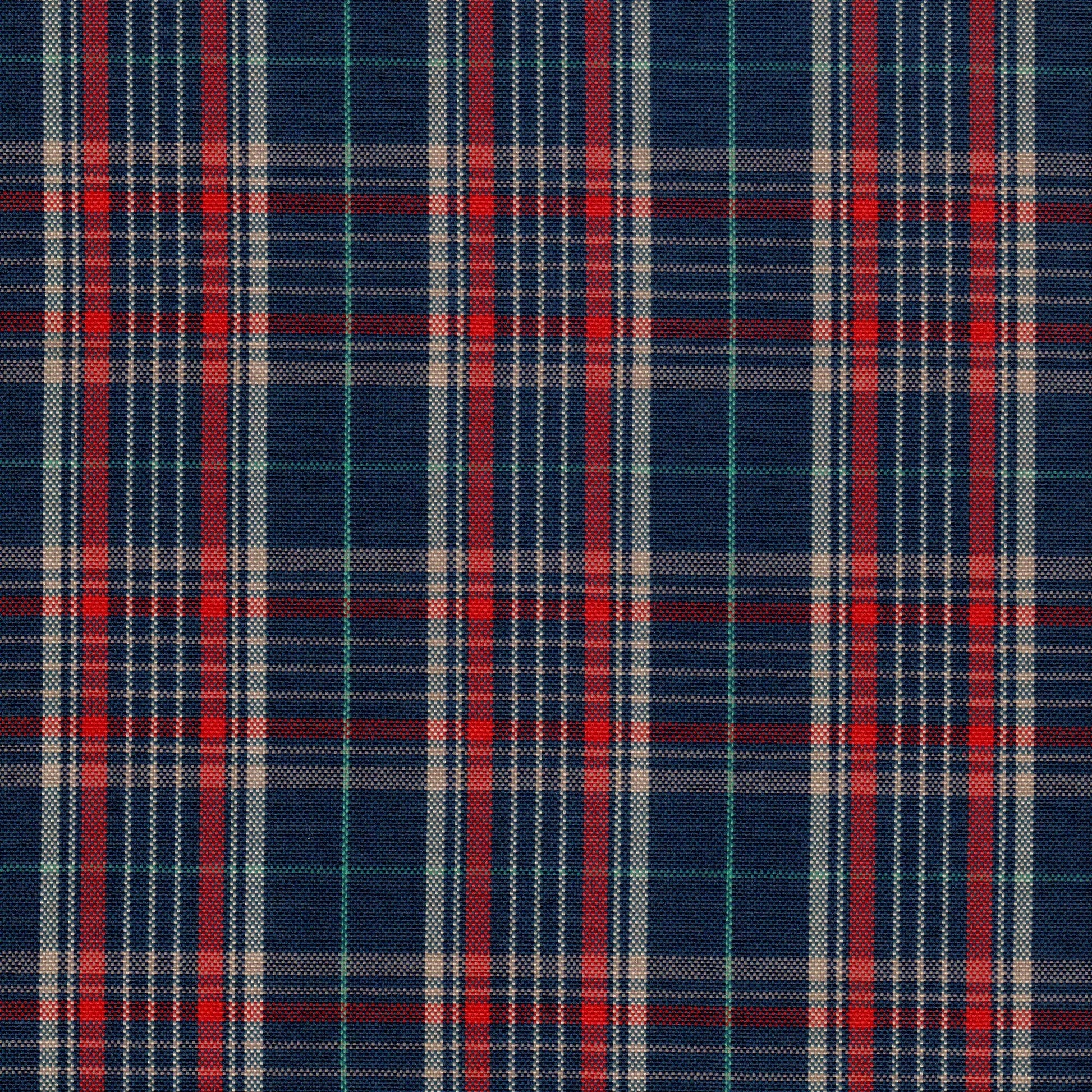 Tela escocesa de poliéster SchoolLine, cuadros azul marino y rojo con líneas blancas/verdes, ideal para uniformes escolares.