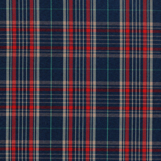 Tela escocesa de poliéster SchoolLine, cuadros azul marino y rojo con líneas blancas/verdes, ideal para uniformes escolares.