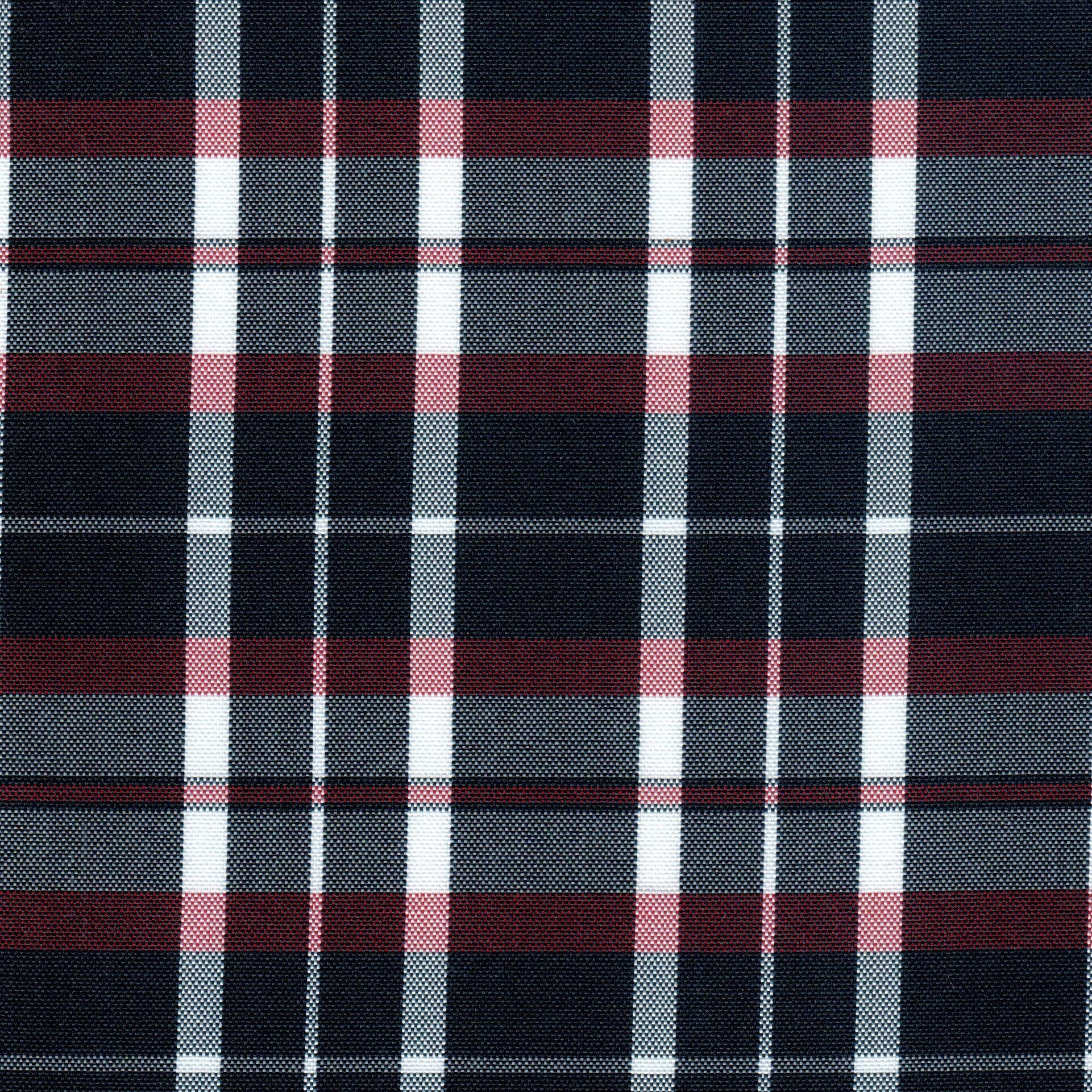 Tela escocesa de poliéster en azul oscuro con rayas blancas y burdeos; ideal para uniformes escolares e institucionales, SchoolLine.