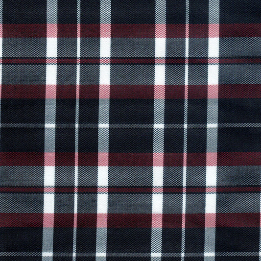 Tela escocesa de poliéster en azul oscuro con rayas blancas y burdeos; ideal para uniformes escolares e institucionales, SchoolLine.