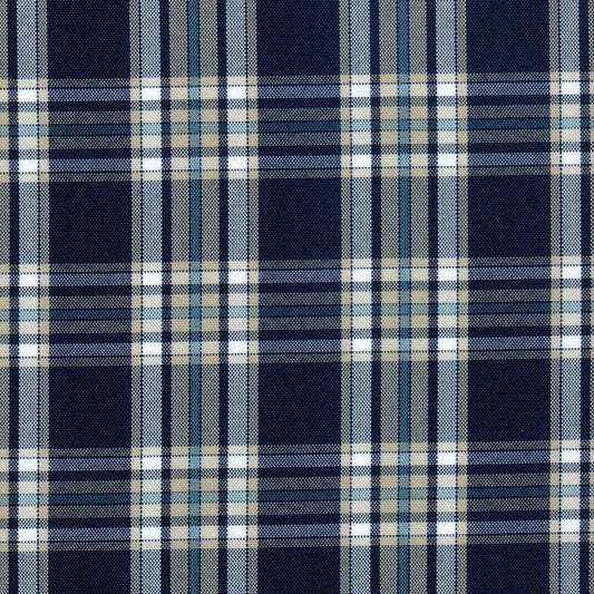 Tela escocesa de poliéster SchoolLine, tartán azul marino con beige y gris, ideal para uniformes escolares e institucionales