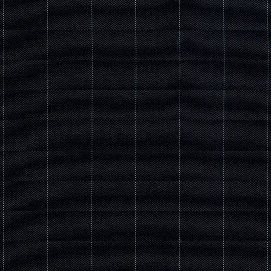 Tela escocesa de poliéster SchoolLine con fondo negro y líneas azules verticales; ideal para uniformes escolares e institucionales.