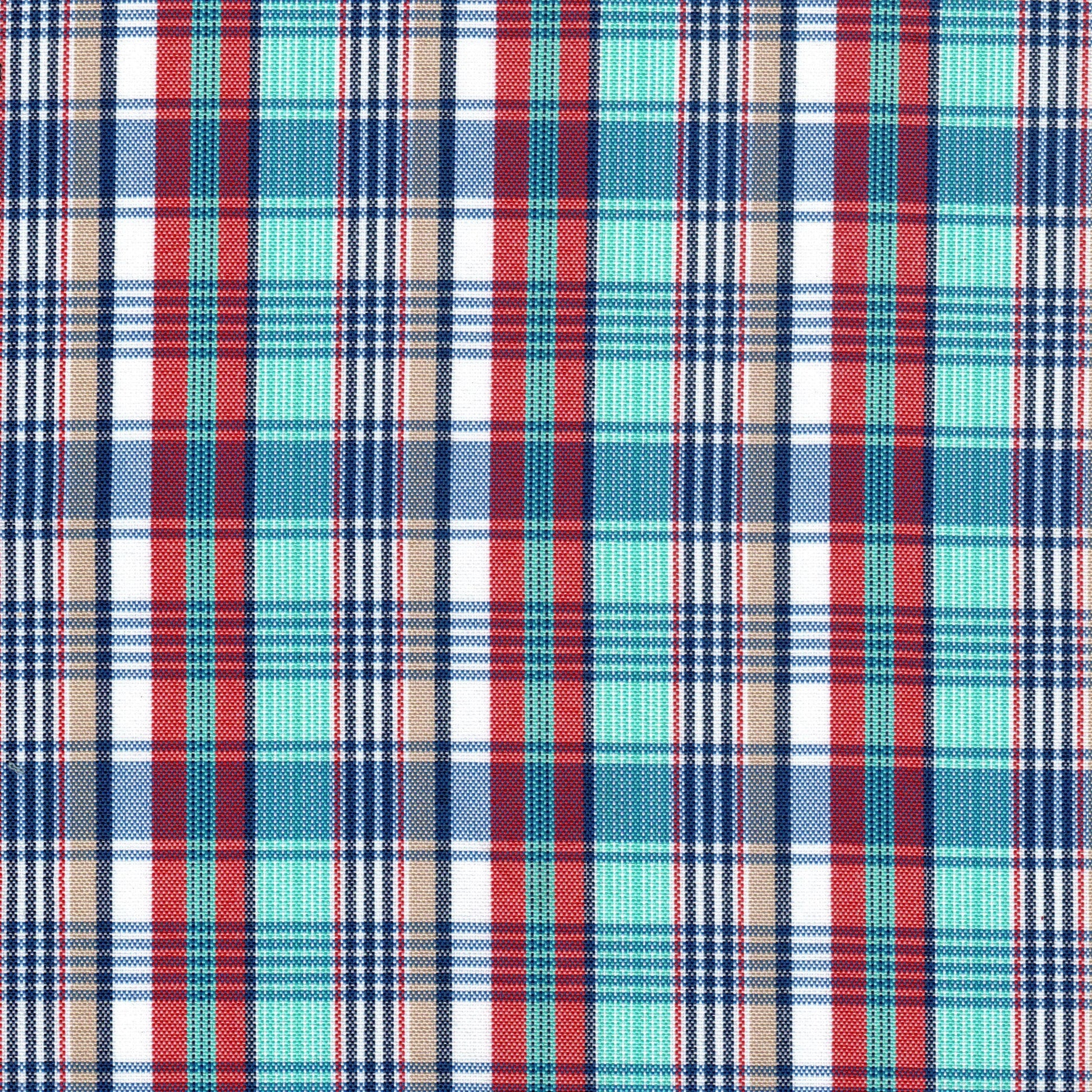 Tela escocesa de poliéster SchoolLine, patrón tartán en rojo, azul marino, turquesa y crema; ideal para uniformes escolares e institucionales.