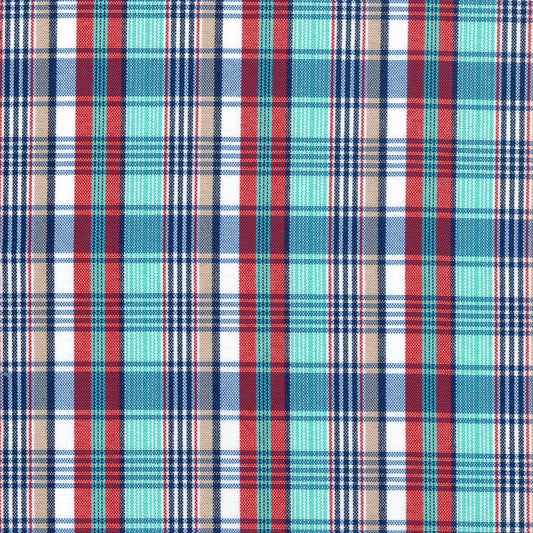 Tela escocesa de poliéster SchoolLine, patrón tartán en rojo, azul marino, turquesa y crema; ideal para uniformes escolares e institucionales.