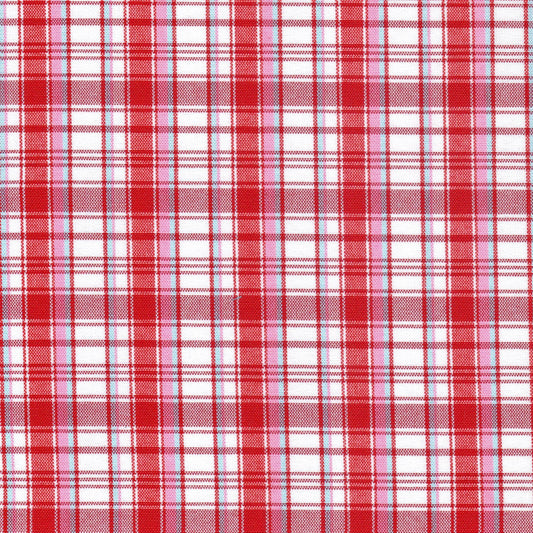 Tela escocesa de poliéster SchoolLine, rojo intenso con blanco, ideal para uniformes escolares e institucionales.