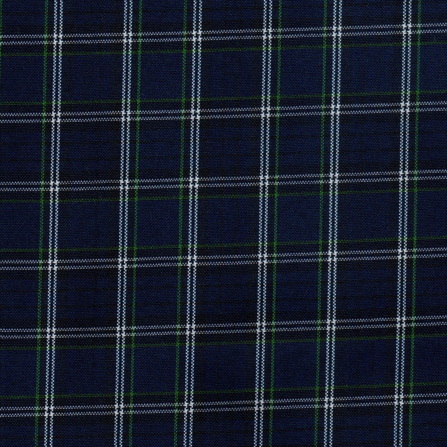 Tela escocesa de poliéster azul marino con rayas blancas y verdes, ideal para uniformes escolares e institucionales SchoolLine.