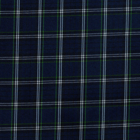 Tela escocesa de poliéster azul marino con rayas blancas y verdes, ideal para uniformes escolares e institucionales SchoolLine.