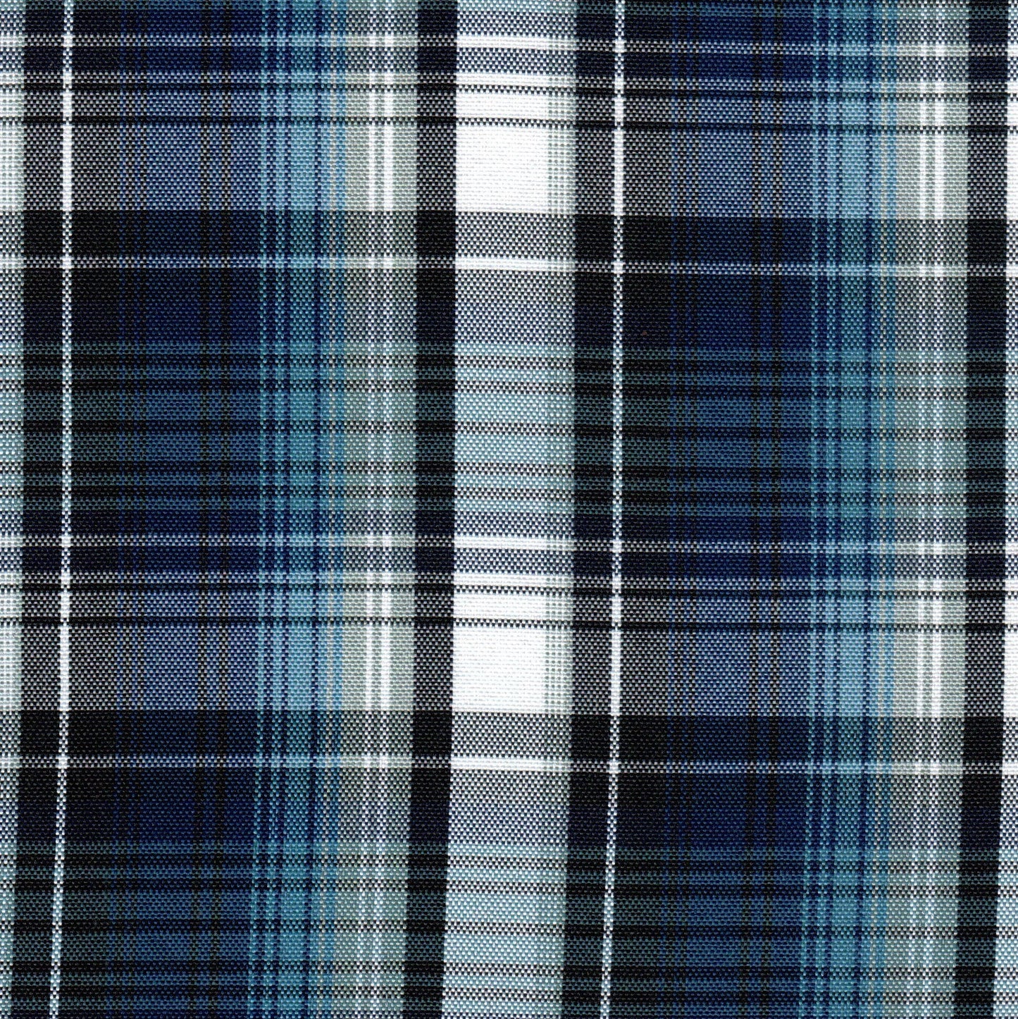 Tela escocesa de poliéster SchoolLine en azul marino, negro y blanco; ideal para uniformes escolares e institucionales.
