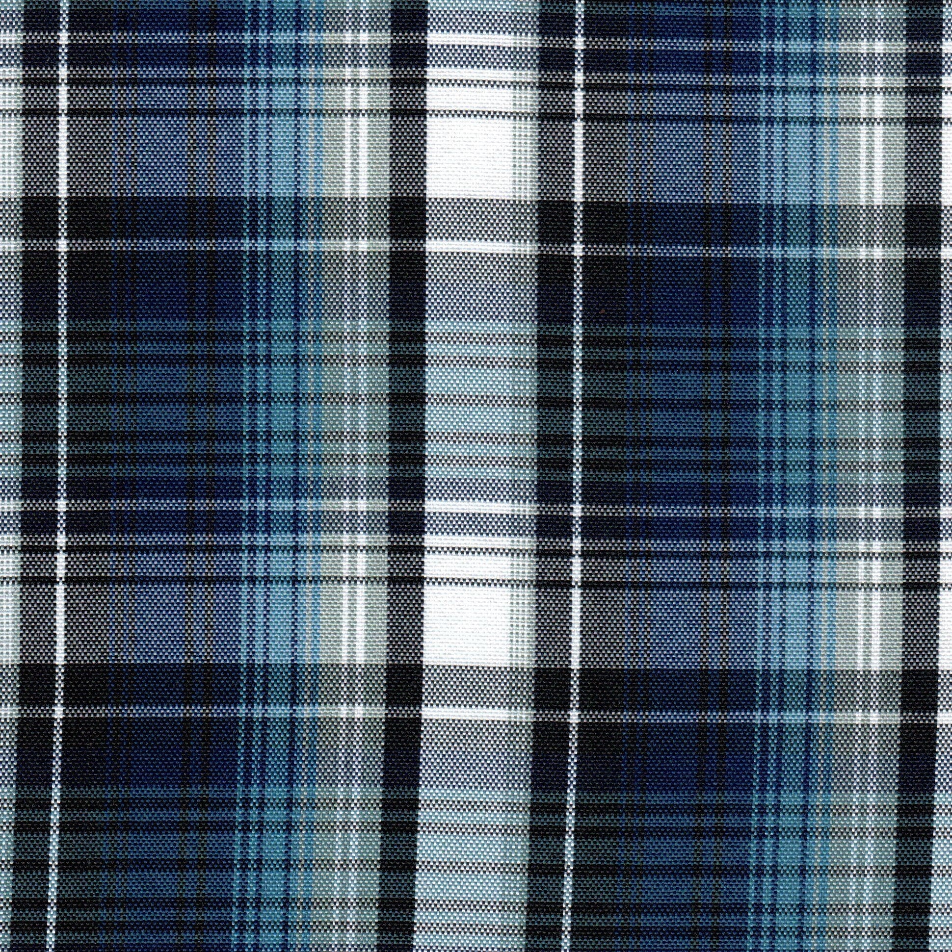Tela escocesa de poliéster SchoolLine en azul marino, negro y blanco; ideal para uniformes escolares e institucionales.