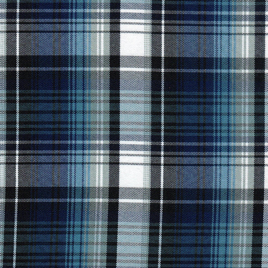 Tela escocesa de poliéster SchoolLine en azul marino, negro y blanco; ideal para uniformes escolares e institucionales.