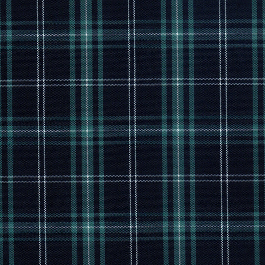 Tela escocesa de poliéster azul marino con cuadros verde y líneas blancas; ideal para uniformes escolares SchoolLine.