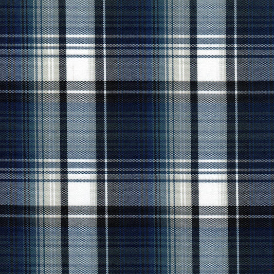 Tela escocesa de poliéster SchoolLine en tonos azules; diseño tartán para uniformes escolares e institucionales.