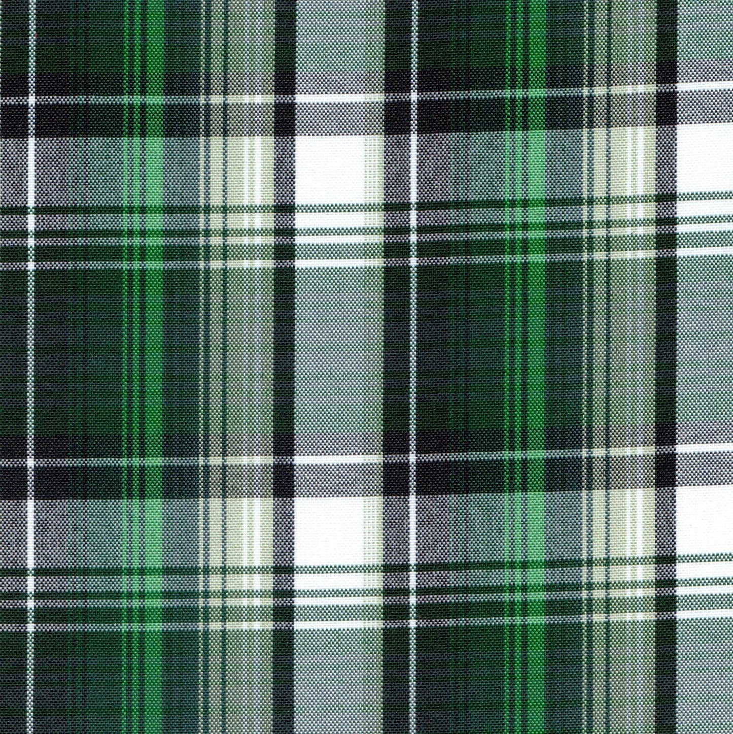 Tela escocesa de poliéster SchoolLine; verde, negro y blanco, apta para uniformes escolares e institucionales.