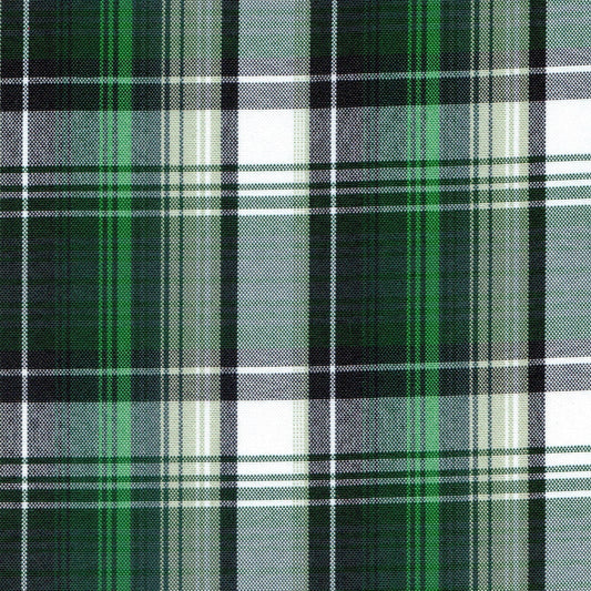 Tela escocesa de poliéster SchoolLine; verde, negro y blanco, apta para uniformes escolares e institucionales.