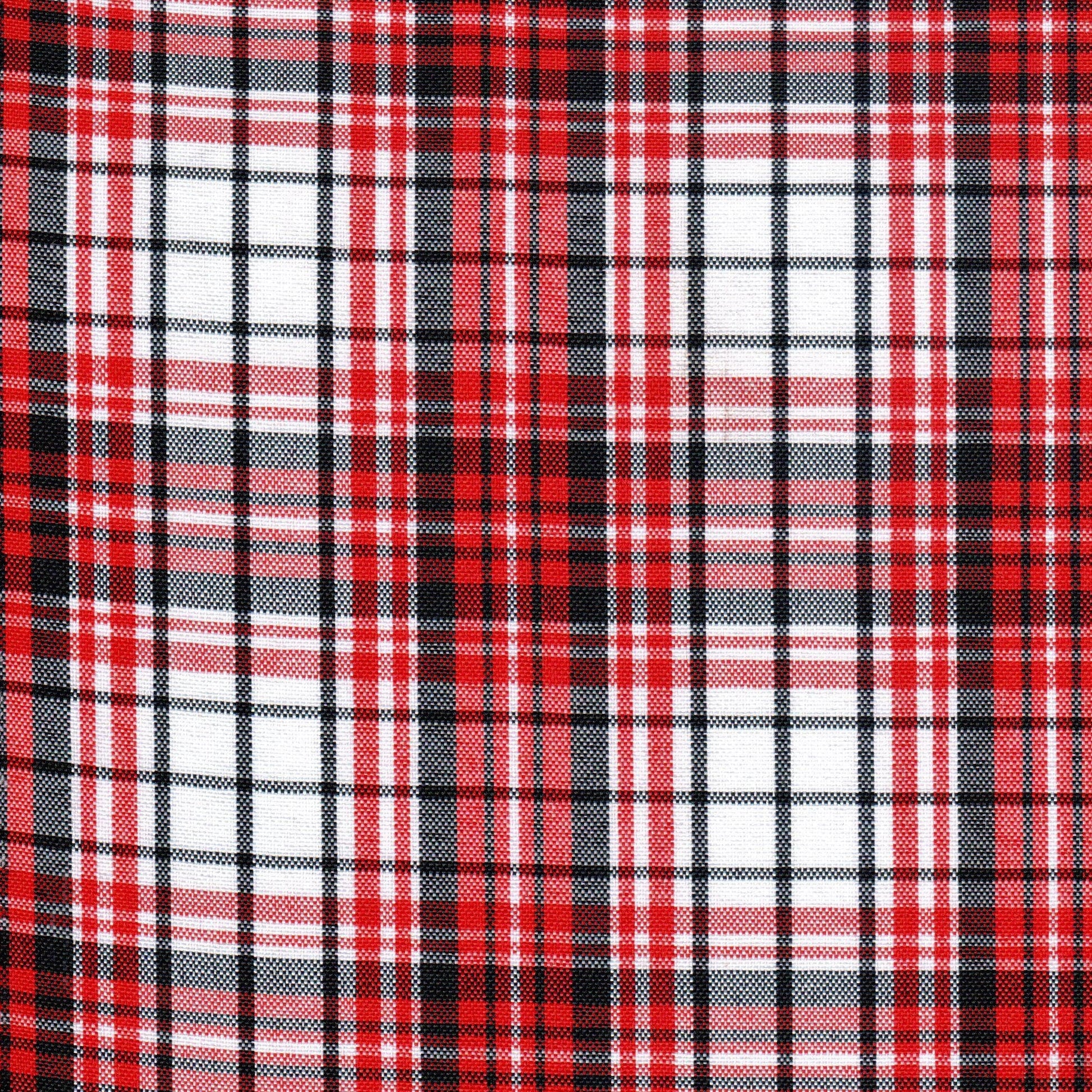 Tela escocesa de poliéster para uniforme; tartán rojo‑negro‑blanco, ideal para uniformes escolares e institucionales (School Line)