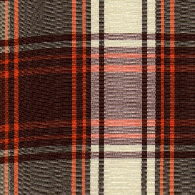 Tela Escocesa de Poliéster para uniformes SchoolLine; cuadros marrón, naranja y crema.