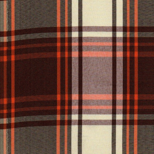 Tela Escocesa de Poliéster para uniformes SchoolLine; cuadros marrón, naranja y crema.