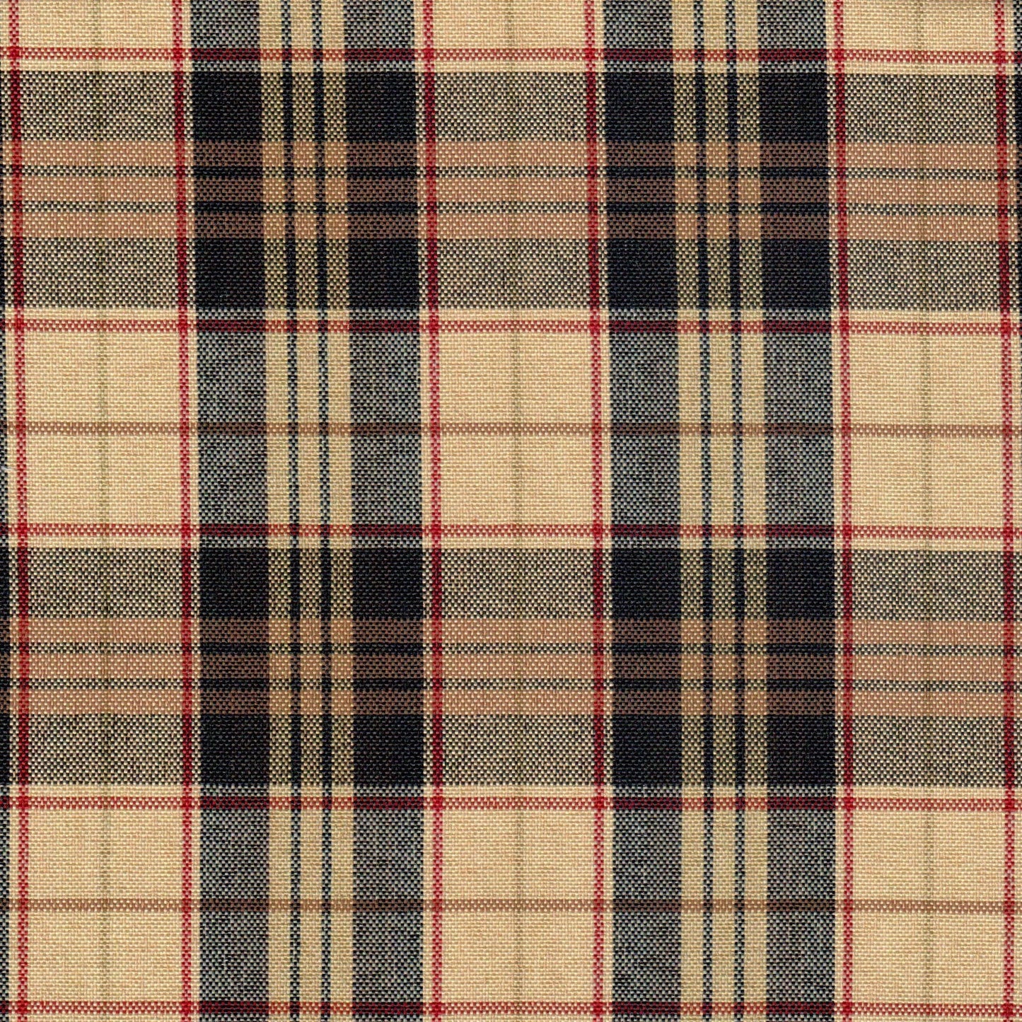 Tela escocesa de poliéster SchoolLine, cuadros beige, negro y rojo; tela para uniformes escolares e institucionales.
