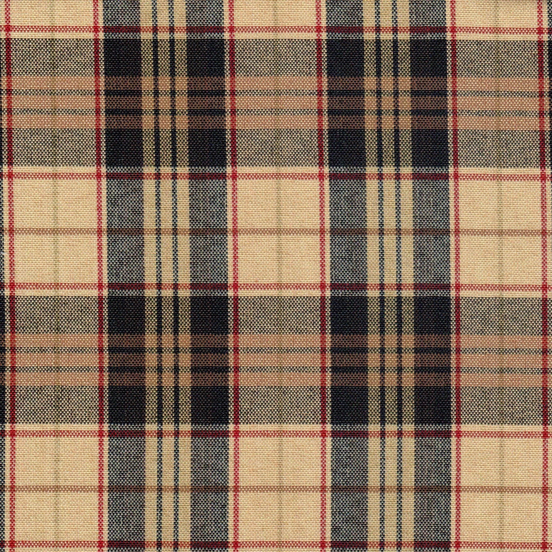 Tela escocesa de poliéster SchoolLine, cuadros beige, negro y rojo; tela para uniformes escolares e institucionales.