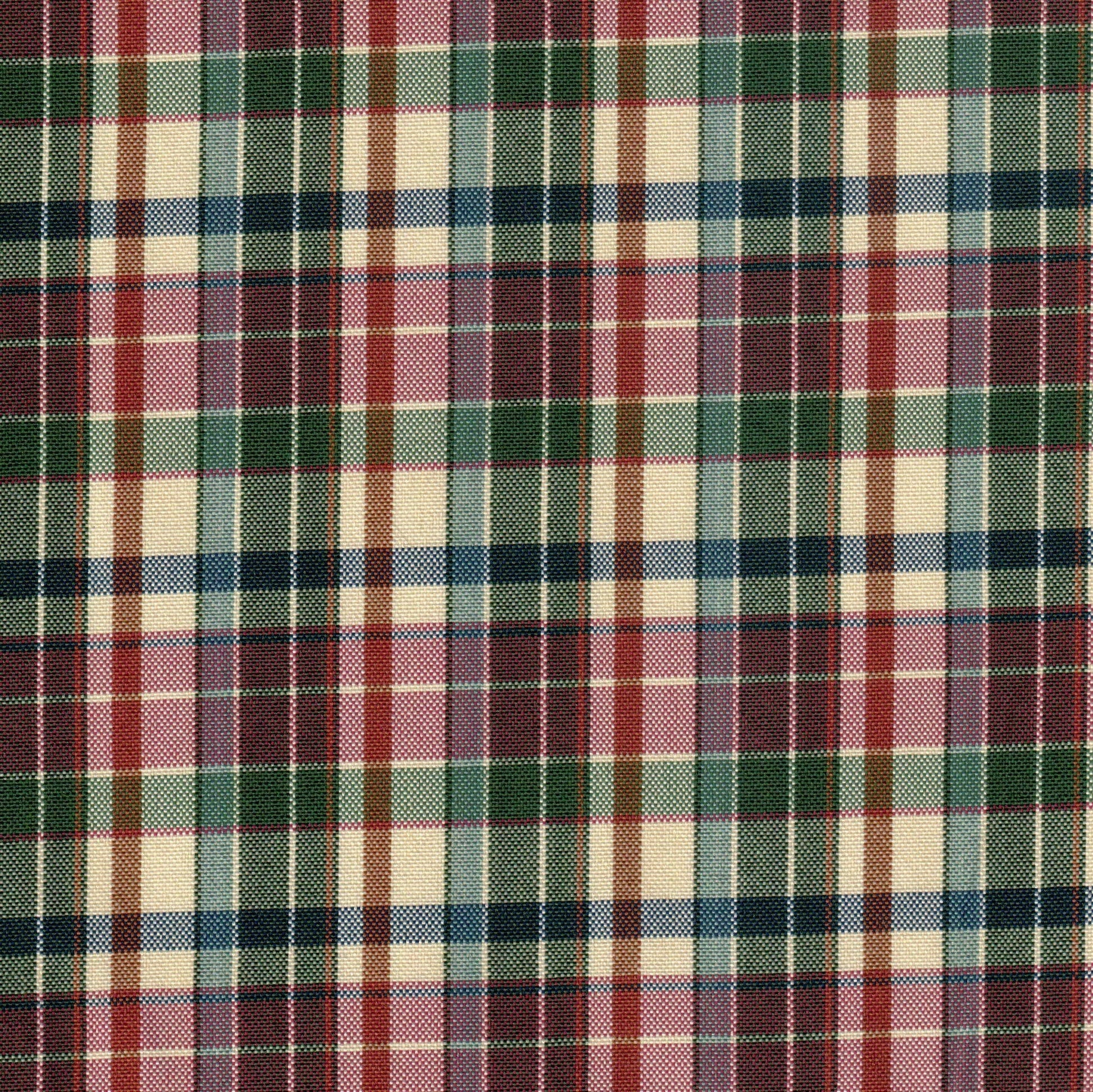 Tela escocesa de poliéster en patrón plaid multicolor (verde, rojo, crema); ideal para uniformes escolares e institucionales SchoolLine.