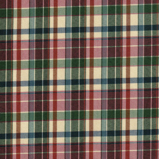 Tela escocesa de poliéster en patrón plaid multicolor (verde, rojo, crema); ideal para uniformes escolares e institucionales SchoolLine.