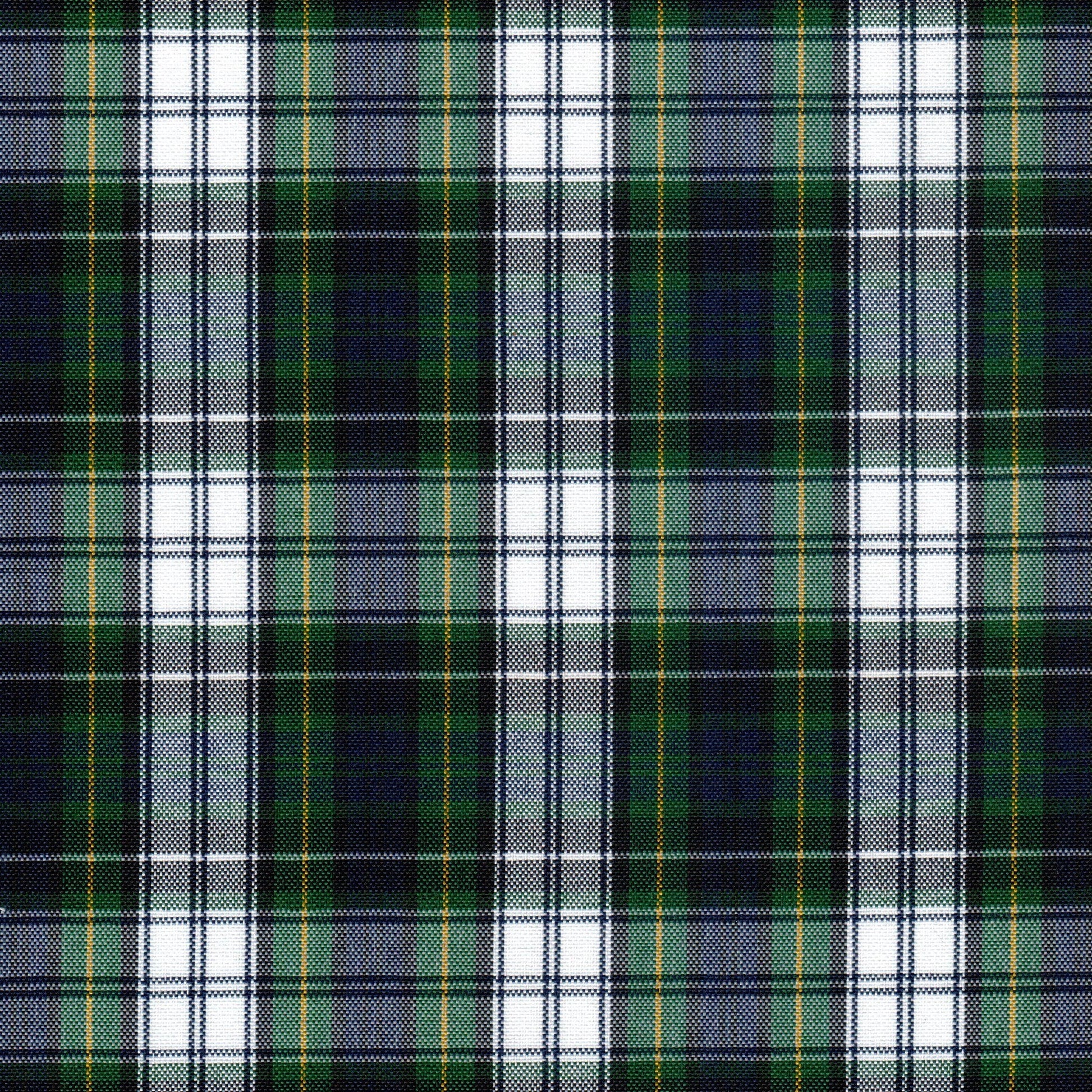 Tela escocesa de poliéster SchoolLine; tartán verde, azul y blanco, ideal para uniformes escolares e institucionales.