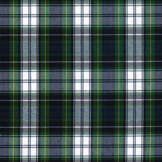 Tela escocesa de poliéster SchoolLine; tartán verde, azul y blanco, ideal para uniformes escolares e institucionales.