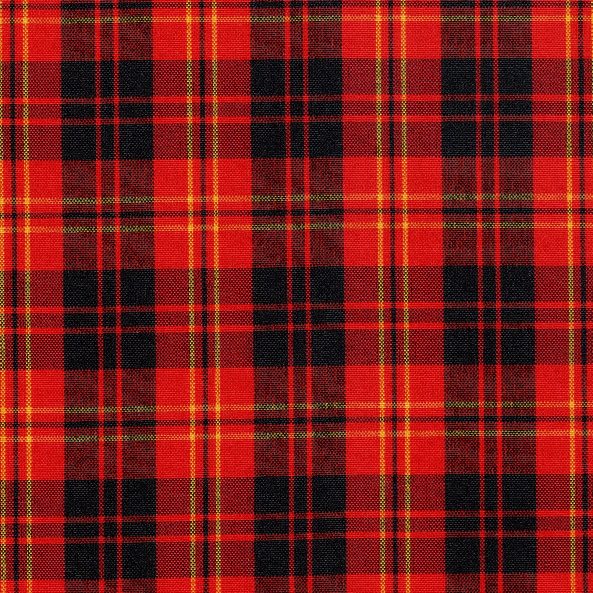 Tela escocesa de poliéster SchoolLine en rojo y negro con líneas amarillas; tela para uniformes escolares e institucionales.