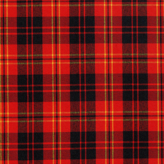 Tela escocesa de poliéster SchoolLine en rojo y negro con líneas amarillas; tela para uniformes escolares e institucionales.